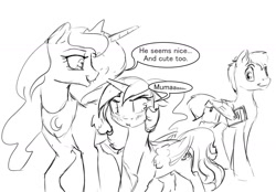 Size: 1280x890 | Tagged: safe, artist:silfoe, derpibooru import, princess luna, oc, oc:eventide glisten, alicorn, pony, alicorn oc, black and white, dialogue, female, grayscale, magical lesbian spawn, monochrome, mother and child, mother and daughter, offspring, other royal book, parent and child, parent:princess luna, parent:twilight sparkle, parents:twiluna, royal sketchbook, shipper on deck, simple background, sketch, speech bubble, white background