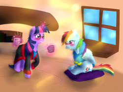 Size: 2599x1953 | Tagged: safe, artist:my-little-brony, rainbow dash, twilight sparkle, unicorn twilight, pegasus, pony, unicorn, blushing, clothes, coffee, female, golden oaks library, lesbian, library, magic, mare, mug, pillow, shipping, smiling, telekinesis, twidash