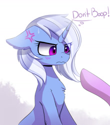 Size: 1600x1822 | Tagged: safe, artist:magnaluna, derpibooru import, trixie, twilight sparkle, twilight sparkle (alicorn), alicorn, pony, unicorn, angry, annoyed, blushing, boop, chest fluff, cross-popping veins, cute, diatrixes, ear fluff, female, floppy ears, fluffy, frown, glare, horn, imminent boop, leg fluff, lesbian, mare, non-consensual booping, nose wrinkle, scrunchy face, shipping, simple background, sitting, solo focus, sweat, sweatdrop, twixie, unamused, wavy mouth, white background