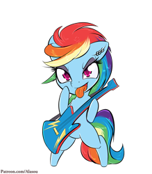 Size: 1225x1400 | Tagged: safe, artist:alasou, derpibooru import, rainbow dash, pegasus, pony, chibi, cute, dashabetes, guitar, simple background, solo, tongue out, transparent background