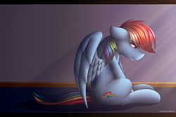 Size: 3000x2000 | Tagged: safe, artist:spirit-dude, rainbow dash, pegasus, pony, crepuscular rays, floppy ears, looking down, profile, sad, sitting, solo, spread wings