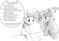 Size: 1280x890 | Tagged: safe, artist:silfoe, derpibooru import, princess luna, twilight sparkle, twilight sparkle (alicorn), alicorn, pony, female, grayscale, lesbian, mare, marriage, monochrome, royal sketchbook, shipping, twiluna, wedding, wedding planner