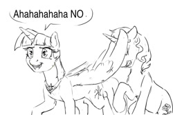 Size: 1280x853 | Tagged: safe, artist:silfoe, derpibooru import, twilight sparkle, twilight sparkle (alicorn), oc, alicorn, pony, black and white, dialogue, grayscale, implied twiluna, monochrome, other royal book, rejection, shipping denied, simple background, speech bubble, white background