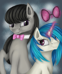 Size: 2500x3000 | Tagged: safe, artist:studentlaure, dj pon-3, octavia melody, vinyl scratch, earth pony, pony, unicorn, black mane, female, gray coat, horn, mare, two toned mane, white coat