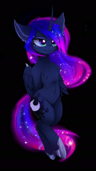 Size: 1080x1920 | Tagged: safe, artist:magnaluna, derpibooru import, princess luna, alicorn, pony, semi-anthro, bat wings, belly button, chest fluff, curved horn, on back, solo