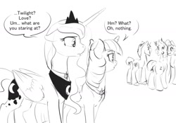 Size: 1280x890 | Tagged: safe, artist:silfoe, derpibooru import, princess luna, twilight sparkle, twilight sparkle (alicorn), alicorn, pony, background pony, black and white, dialogue, female, grayscale, jewelry, lesbian, mare, monochrome, necklace, other royal book, shipping, simple background, speech bubble, twiluna, white background