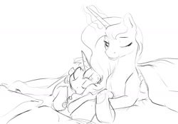 Size: 1280x890 | Tagged: safe, artist:silfoe, derpibooru import, princess luna, twilight sparkle, twilight sparkle (alicorn), alicorn, pony, black and white, female, glowing horn, grayscale, lesbian, mare, monochrome, other royal book, shipping, simple background, sleeping, twiluna, white background