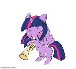 Size: 1540x1400 | Tagged: safe, artist:alasou, derpibooru import, twilight sparkle, twilight sparkle (alicorn), alicorn, pony, chibi, musical instrument, solo, trumpet