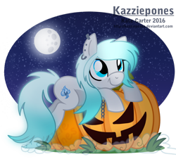 Size: 1024x927 | Tagged: safe, artist:kazziepones, oc, oc only, oc:willow wisp, ear piercing, earring, jack-o-lantern, jewelry, piercing, pumpkin, simple background, solo, transparent background, watermark