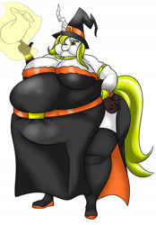 Size: 1100x1580 | Tagged: safe, artist:mad'n evil, oc, oc only, oc:aurora industry (ic), anthro, changeling, bbw, big breasts, breasts, chubby cheeks, chunkling, fat, female, halloween, huge belly, huge breasts, obese, solo, ssbbw, white changeling, witch
