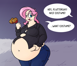Size: 1280x1083 | Tagged: dead source, safe, artist:bigponiesinc, fluttershy, bat pony, human, vampire, ask feedee twilight, belly, belly grab, big belly, candy apple (food), caramel apple (food), chubby, elf ears, fangs, fat, fattershy, flubberbat, flutterbat, food, halloween, humanized, nightmare night, obese, solo