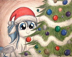 Size: 1328x1064 | Tagged: safe, artist:thefriendlyelephant, oc, oc only, oc:lesa castle, pegasus, pony, christmas, christmas tree, commission, floppy ears, hat, ornament, santa hat, solo, tinsel, traditional art, tree