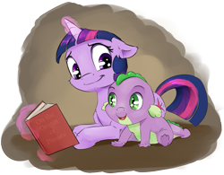 Size: 889x694 | Tagged: safe, artist:silfoe, derpibooru import, spike, twilight sparkle, unicorn twilight, dragon, pony, unicorn, baby, baby dragon, baby spike, book, book parody, charles darwin, cute, female, filly, filly twilight sparkle, magic, male, on the origin of species, open mouth, royal sketchbook, silfoe is trying to murder us, sitting, smiling, spikabetes, twiabetes, younger