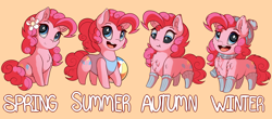 Size: 3400x1498 | Tagged: safe, artist:evehly, derpibooru import, pinkie pie, earth pony, pony, :t, autumn, beach ball, beanie, chest fluff, clothes, cute, diapinkes, female, flower, flower in hair, fluffy, hat, looking at you, mare, one-piece swimsuit, open mouth, orange background, ponk, scarf, seasons, simple background, sitting, smiling, socks, solo, spring, summer, swimsuit, winter, winter fluff