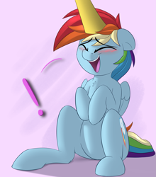 Size: 2511x2857 | Tagged: safe, artist:january3rd, rainbow dash, spitfire, pegasus, pony, blushing, cute, dashabetes, exclamation point, eyes closed, female, gradient background, happy, mare, open mouth, petting, sitting, smiling, solo focus