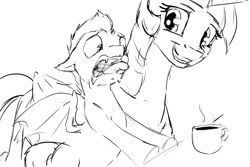 Size: 1280x853 | Tagged: safe, artist:silfoe, derpibooru import, twilight sparkle, twilight sparkle (alicorn), oc, oc:pterus, alicorn, bat pony, pony, adopted offspring, black and white, coffee, coffee mug, disgusted, do not want, fangs, grayscale, monochrome, other royal book, parent:princess luna, parent:twilight sparkle, parents:twiluna, royal sketchbook, simple background, sketch, tongue out, white background