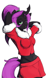 Size: 560x909 | Tagged: safe, artist:chryssir69, oc, oc only, oc:violet nebula, anthro, changeling, arm behind head, changeling oc, christmas, christmas changeling, clothes, holiday, horn, midriff, ponytail, purple changeling, simple background, skirt, white background
