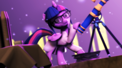 Size: 3840x2160 | Tagged: safe, artist:radiativespinger, twilight sparkle, twilight sparkle (alicorn), alicorn, pony, 3d, clothes, glasses, lab coat, lidded eyes, nerd, scientist, solo, source filmmaker, standing, telescope, tower