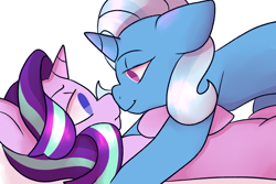 Size: 1500x1000 | Tagged: safe, artist:sunnyponycitrusbutt, derpibooru import, starlight glimmer, trixie, pony, unicorn, bedroom eyes, boop, commission, cute, female, lesbian, looking at each other, mare, no catchlights, no pupils, shipping, simple background, startrix, white background