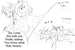 Size: 750x500 | Tagged: safe, artist:silfoe, derpibooru import, princess luna, twilight sparkle, twilight sparkle (alicorn), alicorn, pony, black and white, dialogue, exhausted, female, grayscale, lesbian, mare, monochrome, other royal book, shipping, simple background, sketch, sleeping, snoring, speech bubble, tired, twiluna, white background, zzz