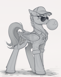 Size: 1280x1629 | Tagged: safe, artist:yakovlev-vad, derpibooru import, oc, oc only, pegasus, pony, badge, bubblegum, clothes, coat, ear piercing, food, gum, monochrome, piercing, sketch, solo, sunglasses, tail wrap