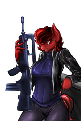 Size: 1000x1500 | Tagged: safe, artist:d-lowell, oc, oc only, oc:scarlet, anthro, earth pony, assault rifle, famas, female, gun, pose, red eyes, red hair, rifle, solo, weapon