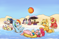 Size: 2000x1321 | Tagged: safe, artist:alasou, derpibooru import, applejack, big macintosh, fluttershy, pinkie pie, princess celestia, princess luna, rainbow dash, rarity, spike, twilight sparkle, alicorn, dragon, duck, earth pony, pegasus, pony, shark, shark pony, unicorn, ball, beach, beach ball, beach umbrella, book, celestia is not amused, colored pupils, cute, drool, drool string, female, floatie, fluttershark, food, ice cream, inner tube, male, mane seven, mane six, mare, missing accessory, missing cutie mark, nap, prank, prankstershy, prone, sand, sandcastle, shark fin, shyabetes, sleeping, stallion, sunglasses, sunscreen, umbrella, unamused, water