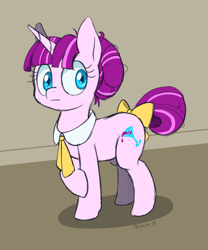 Size: 750x900 | Tagged: safe, artist:tehflah, oc, oc only, oc:merry spirits, pony, unicorn, hair bun, necktie, solo, tail bow