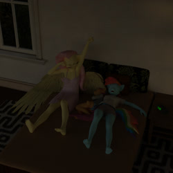 Size: 2400x2400 | Tagged: safe, artist:jawolfadultishart, derpibooru import, fluttershy, rainbow dash, scootaloo, anthro, plantigrade anthro, 3d, adopted offspring, armpits, barefoot, bed, boxers, clothes, crossover, cute, daz studio, feet, female, flutterdash, lesbian, mare, morning ponies, nightgown, panties, parent:fluttershy, parent:rainbow dash, parents:flutterdash, scootadoption, scootalove, shipping, sleeping, snoring, sonic the hedgehog, sonic the hedgehog (series), stretching, underwear, yawn