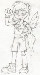 Size: 330x613 | Tagged: safe, artist:dertikleen, derpibooru import, rainbow dash, anthro, plantigrade anthro, clothes, converse, looking at you, midriff, monochrome, shoes, short shirt, sneakers, solo, traditional art