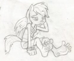 Size: 515x424 | Tagged: safe, artist:dertikleen, derpibooru import, rainbow dash, anthro, plantigrade anthro, bandaid, barefoot, clothes, feet, female, foot fetish, midriff, monochrome, solo, tanktop, traditional art