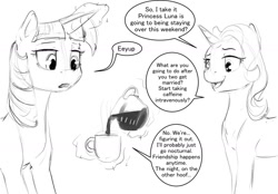 Size: 1280x890 | Tagged: safe, artist:silfoe, derpibooru import, starlight glimmer, twilight sparkle, twilight sparkle (alicorn), alicorn, pony, coffee, dialogue, grayscale, monochrome, royal sketchbook, speech bubble