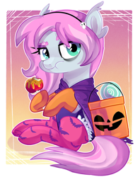 Size: 1600x2025 | Tagged: safe, artist:spookyle, oc, oc only, oc:graffiti heart, pegasus, pony, apple, bags under eyes, candy apple (food), clothes, costume, eating, food, hoof hold, nightmare night costume, pumpkin bucket, solo