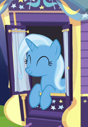 Size: 263x380 | Tagged: safe, screencap, trixie, pony, unicorn, to where and back again, cropped, cute, diatrixes, eyes closed, leaning, smiling, solo, trixie's wagon