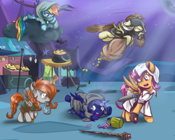 Size: 2500x2000 | Tagged: safe, artist:redheadfly, pound cake, rainbow dash, scootaloo, oc, oc:blazing sky, oc:lucky fly, pegasus, pony, dungeons and discords, armor, assassin's creed, bag, clothes, cloud, costume, flying, food, mouth hold, nightmare night, nightmare night costume, older, pie, rainbow rogue