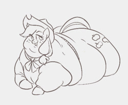 Size: 464x383 | Tagged: safe, artist:mellowhen, applejack, earth pony, pony, applefat, clothes, coat, fat, monochrome, morbidly obese, obese, scarf, sketch, solo, winter outfit