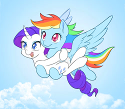Size: 1000x872 | Tagged: safe, artist:dstears, color edit, edit, rainbow dash, rarity, pegasus, pony, unicorn, carrying, cloud, colored, cute, dashabetes, female, flying, lesbian, mare, open mouth, raribetes, raridash, shipping, sky, smiling