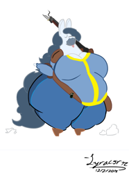 Size: 554x746 | Tagged: safe, artist:demolitionman, artist:lyracorn, oc, oc only, oc:blueberry smoothie, anthro, ass, bayonet, bbw, big breasts, breasts, combat shotgun, fallout, fallout 4, fat, female, gun, huge butt, impossibly large butt, large butt, obese, shotgun, smoke, smoking gun, solo, ssbbw, thunder thighs, vault 111, vault suit, weapon, wide hips