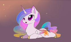 Size: 1280x752 | Tagged: safe, artist:magnaluna, derpibooru import, princess celestia, alicorn, pony, chest fluff, chibi, colored wings, colored wingtips, cute, cutelestia, ear fluff, female, fluffy, heart eyes, looking up, open mouth, prone, smiling, solo, sploot, wingding eyes