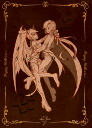 Size: 1800x2500 | Tagged: safe, artist:signiroha, applejack, rainbow dash, bat, human, vampire, appledash, fangs, female, halloween, humanized, lesbian, monochrome, pixiv, shipping