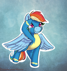 Size: 1575x1675 | Tagged: safe, artist:alasou, derpibooru import, rainbow dash, pegasus, pony, clothes, crying, female, mare, patreon, raised hoof, raised leg, salute, smiling, solo, spread wings, tears of joy, wing fluff, wonderbolts uniform