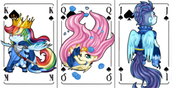 Size: 3084x1585 | Tagged: safe, artist:dedonnerwolke, derpibooru import, fluttershy, rainbow dash, soarin', anthro, playing card