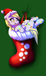 Size: 1161x1920 | Tagged: safe, artist:fatcakes, derpy hooves, pegasus, pony, candy, candy cane, christmas, christmas lights, christmas stocking, female, food, hat, mare, santa hat, sock, solo, tongue out