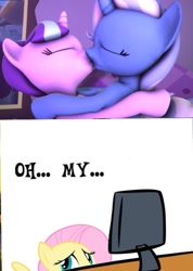 Size: 517x728 | Tagged: safe, derpibooru import, fluttershy, starlight glimmer, trixie, pegasus, pony, unicorn, 3d, 3d model, computer, female, kissing, lesbian, mare, oh my, shipping, startrix