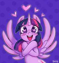 Size: 803x863 | Tagged: safe, artist:sorcerushorserus, twilight sparkle, twilight sparkle (alicorn), alicorn, pony, adorkable, bipedal, blushing, cute, dork, female, happy, heart, heart eyes, hug, looking at you, mare, open mouth, open smile, self-hugging, smiling, smiling at you, solo, spread wings, sweet dreams fuel, twiabetes, white outline, wingding eyes