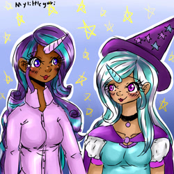 Size: 2800x2800 | Tagged: safe, artist:mylittleyuri, derpibooru import, starlight glimmer, trixie, human, dark skin, female, horned humanization, humanized, lesbian, shipping, startrix