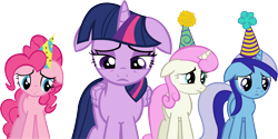 Size: 15818x7936 | Tagged: safe, artist:cyanlightning, minuette, pinkie pie, twilight sparkle, twilight sparkle (alicorn), twinkleshine, alicorn, earth pony, pony, amending fences, .svg available, absurd resolution, floppy ears, hat, party hat, sad, simple background, transparent background, vector