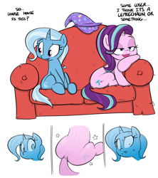 Size: 854x960 | Tagged: safe, artist:shoutingisfun, derpibooru import, starlight glimmer, trixie, pony, unicorn, :o, anon's couch, comic, cute, diatrixes, eyes on the prize, female, glimmer glutes, glimmerbetes, implied anon, implied startrix, leaning, lesbian, lidded eyes, lip bite, mare, open mouth, plot, shipping, simple background, sitting, slice of life, smiling, sofa, startrix, stupid sexy starlight glimmer, sweat, the ass was fat, trixie's cape, trixie's hat, white background, wide eyes