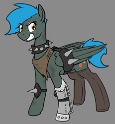 Size: 609x660 | Tagged: safe, artist:whatsapokemon, oc, oc only, oc:jade shine, pegasus, amputee, bound wings, clothes, costume, dirty, golden eyes, prosthetic limb, prosthetics, scar, solo, wasteland