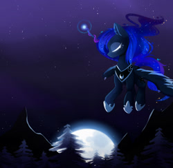 Size: 1600x1559 | Tagged: safe, artist:magnaluna, derpibooru import, princess luna, alicorn, pony, eyes closed, flying, magic, moon, moonrise, mountain, night, pine tree, solo, stars, tree